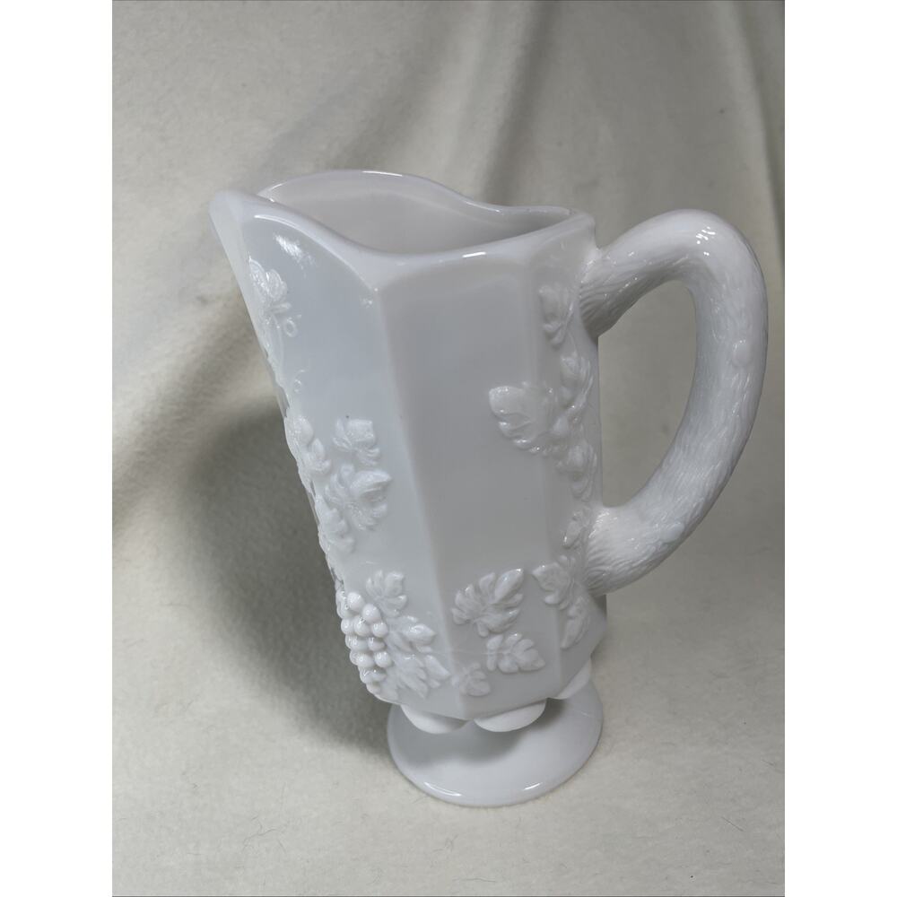 Vintage Westmoreland Milk Glass Paneled 8" Pitcher Grape Pattern Vine Handle